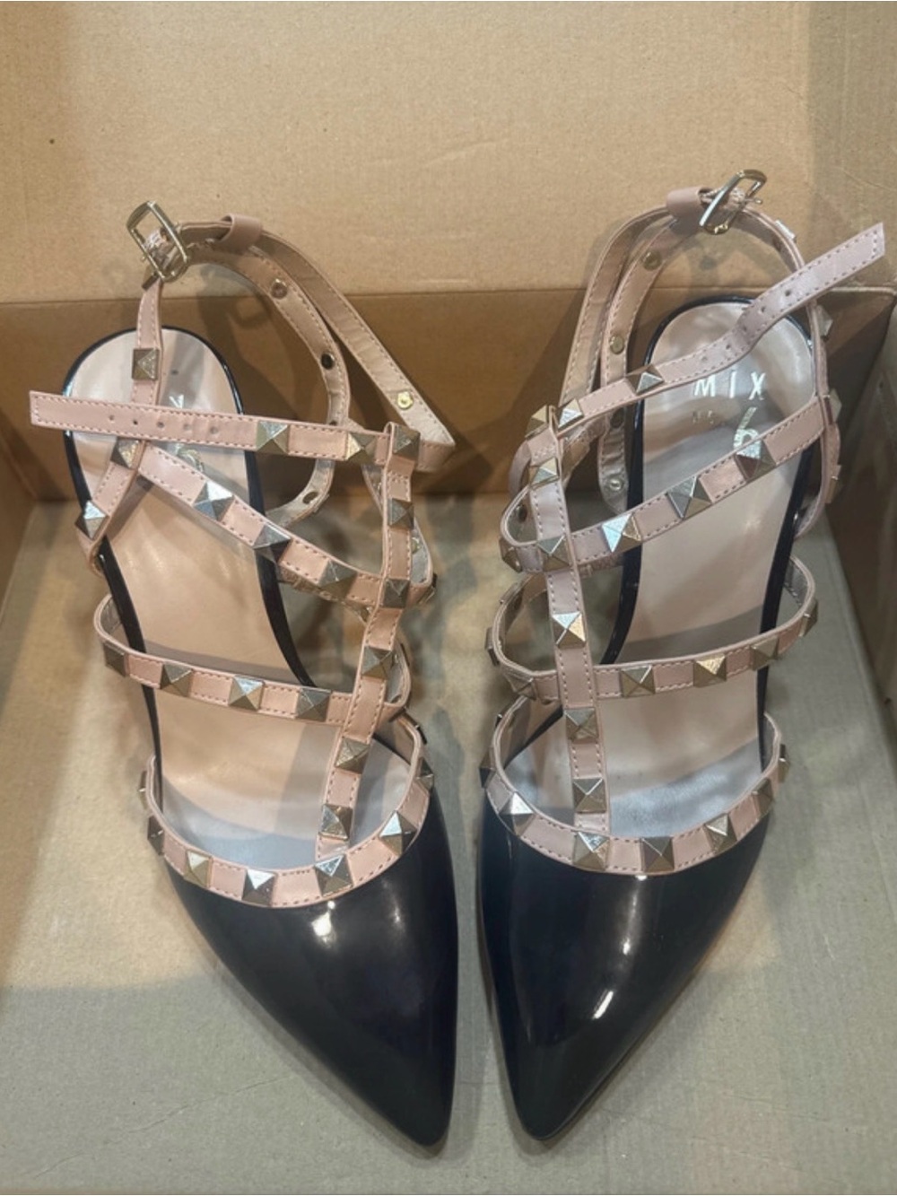 Mix No. 6 Black Patent Pointed-Toe Studded Strappy Pumps with Nude Straps